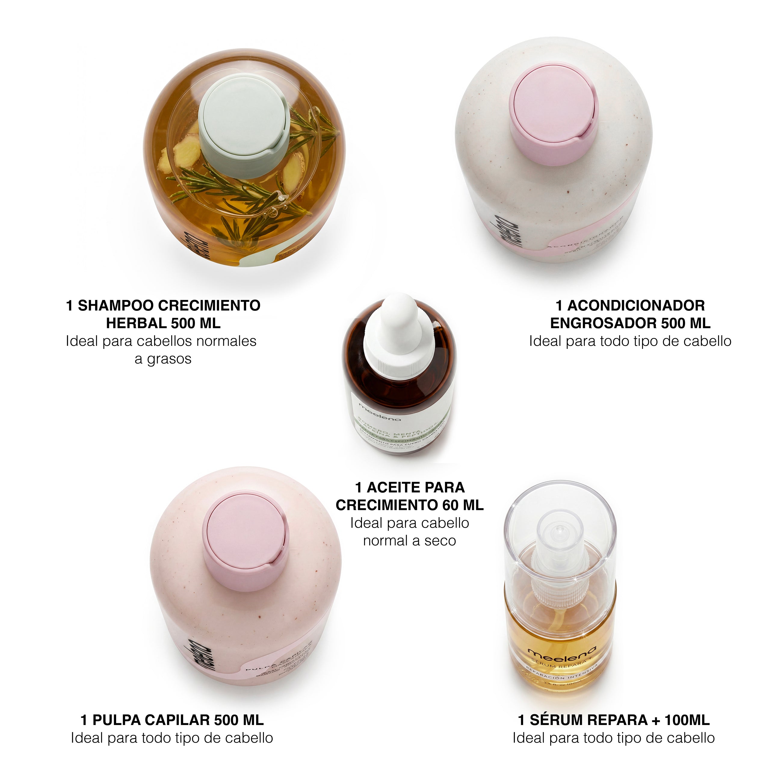 KIT 5: Meelena control grasa, extra larga, sana y sin frizz